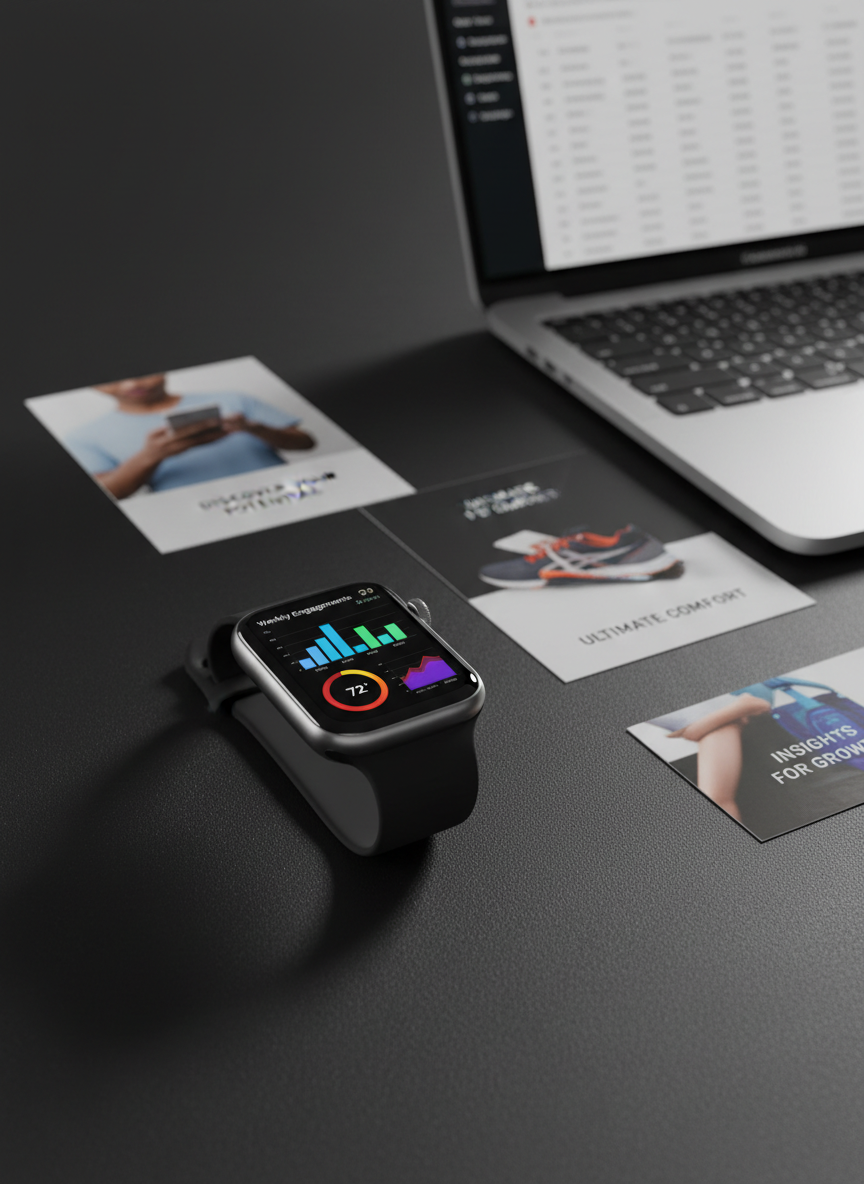 A close-up, photographic image of a sleek Apple Watch with a bold, high-contrast marketing dashboard glowing on its screen, showing colorful bar charts and a circular engagement metric. The watch rests on a matte black tabletop beside a thin, open laptop displaying a blurred campaign analytics page and several scattered, glossy print mockups of ad creatives. Cool, directional studio lighting from the left creates sharp highlights on the watch’s metallic edges and crisp shadows on the desk, emphasizing precision and performance. Shot from a slightly elevated three-quarter angle with shallow depth of field, the watch face is razor-sharp while the background softly blurs. The mood is dynamic, data-driven, and modern, reflecting a creative marketing agency obsessed with consumer behavior insights.