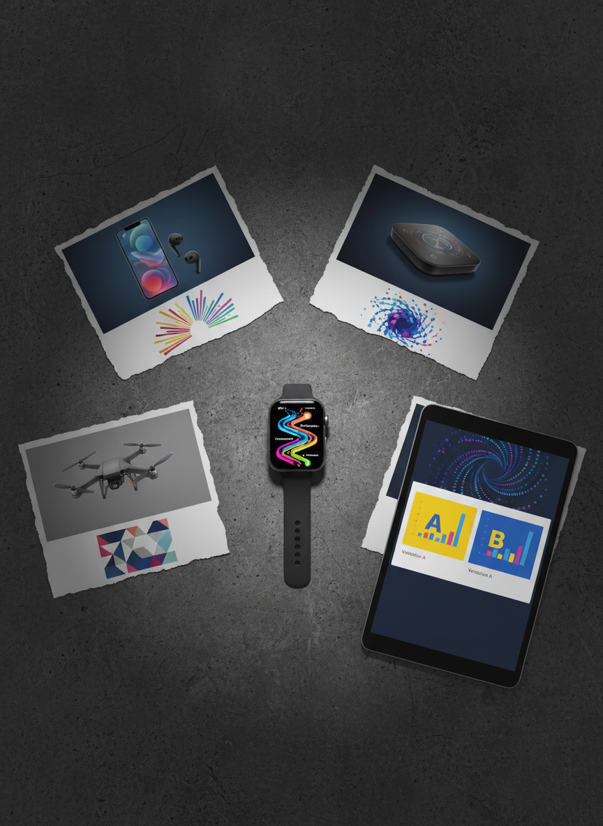 A highly detailed, photographic overhead view of a dark, textured concrete desk with a single Apple Watch at the center, its screen showing a stylized consumer journey map as a colorful, winding path. Surrounding it are neatly arranged printed case study boards, each with large, vivid product imagery and abstract data visualizations in place of text. A slim tablet to the side displays a blurred A/B testing interface with big, bright variation thumbnails. Soft, diffused top light creates minimal shadows and a focused pool of brightness around the watch, drawing the eye inward. The mood is bold and strategic, with a strong sense of clarity and purpose, perfect for illustrating campaign planning rooted in consumer behavior insights.