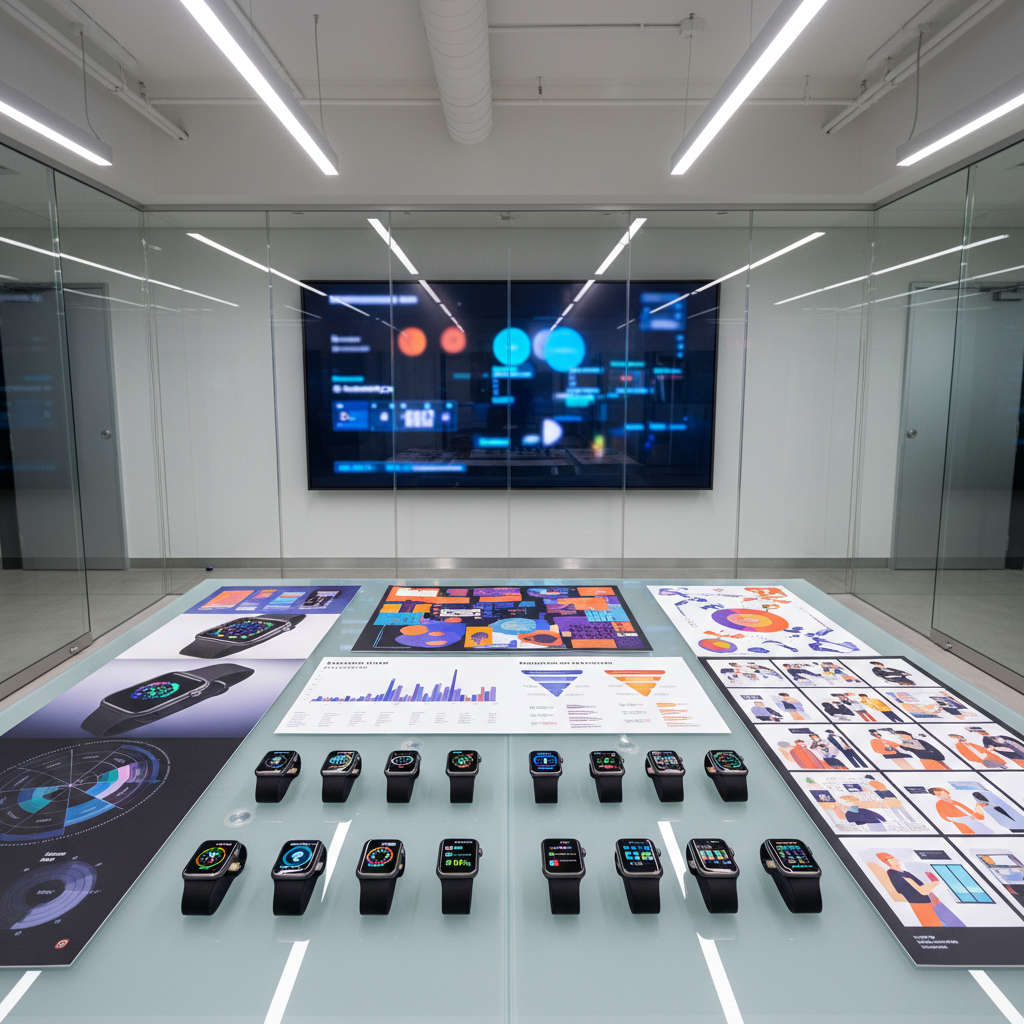An ultra-realistic wide shot of a minimalist, glass-walled creative studio table covered with Apple Watches arranged in neat rows, each showing a different campaign KPI: heat maps, line graphs, funnel diagrams, and notification-style insights. Around them lie oversized, vibrant pitch boards featuring bold product imagery, moodboards, and storyboard frames. A large wall-mounted digital display in the background shows a blurred dashboard of audience segments and behavioral trends. Bright, even overhead lighting creates a clean, high-tech atmosphere with subtle reflections on the glass and metal. Captured at eye level with sharp focus throughout, the composition feels organized yet energetic, conveying a bold agency orchestrating complex consumer behavior data into clear, wearable-focused marketing strategies.
